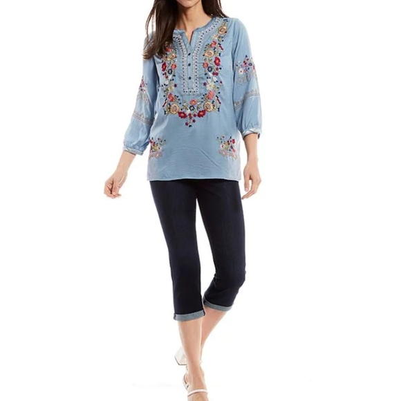 John Mark Scarf Print Back Embroidered Henley Neck 3/4 Cuff Sleeve Butto… - Picture 11 of 11